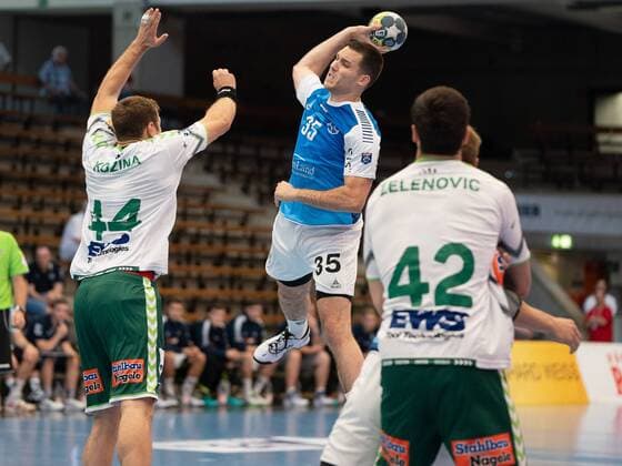 35 Ante Grbavac TSV Bayer Dormagen against 44 Kresimir Kozina Frisch Auf Goeppingen , Frisch Auf Goeppingen vs. TSV Bayer Dormagen, DHB Cup, Handball, Men, 18 08 2019 Frisch Auf Goeppingen vs. TSV Bayer Dormagen, DHB Cup, Handball, Men, 18 08 2019 Goeppingen Copyright: xEIBNER Michael_Schmidtx EP_MST