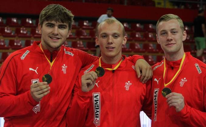 18.08.2019 Skopje(North Macedonia) Egypt-Germany Vlll IHF men s handball Youth U19 Under19 World Championship, WM, Weltmeisterschaft Sasser Sonn,Sebastian Skott Skoett,Oliver Larsen Denmark team bronze medalist from BSV Bjerringbro-Silkeborg Handbold club : 