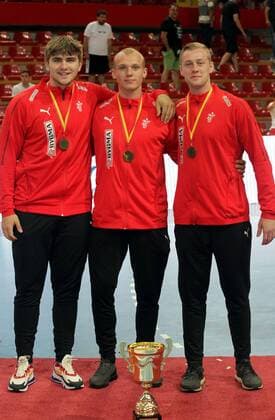 18.08.2019 Skopje(North Macedonia) Egypt-Germany Vlll IHF men s handball Youth U19 Under19 World Championship, WM, Weltmeisterschaft Sasser Sonn,Sebastian Skott Skoett,Oliver Larsen Denmark team bronze medalist from BSV Bjerringbro-Silkeborg Handbold club : 