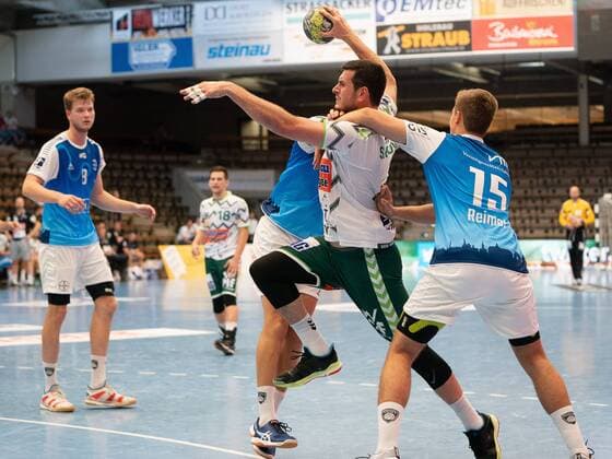 19 Ivan Sliskovic Frisch Auf Goeppingen against 15 Jan Reimer TSV Bayer Dormagen and 14 Ian Hüter TSV Bayer Dormagen , Frisch Auf Goeppingen vs TSV Bayer Dormagen, DHB Cup, Handball, Men, 18 08 2019 Frisch Auf Goeppingen vs TSV Bayer Dormagen, DHB Cup, Handball, Men, 18 08 2019 Goeppingen Copyright: xEIBNER Michael_Schmidtx EP_MST