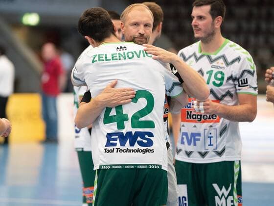 Hartmut Mayerhofer Frisch Auf Goeppingen with 42 Nemanja Zelenovic Frisch Auf Goeppingen, Frisch Auf Goeppingen vs. TSV Bayer Dormagen, DHB Cup, Handball, Men, 18 08 2019 Frisch Auf Goeppingen vs. TSV Bayer Dormagen, DHB Cup, Handball, Men, 18 08 2019 Goeppingen, Germany Copyright: xEIBNER Michael_Schmidtx EP_MST