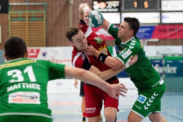 Spenge, Germany 18 08 2019 DHB Cup 1 Main Round 2019 2020 TuS N Lübbecke vs Foxes Berlin M R Jo Gerrit Genz Lübbecke , Michael Müller Berlin Spenge Nordrhein Westfalen Germany Aqua Magica