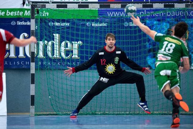 Spenge, Germany 18 08 2019 DHB Cup 1 Main Round 2019 2020 TuS N Lübbecke vs Foxes Berlin L R Peter Tatai Lübbecke , Hans Lindberg Berlin Spenge Nordrhein Westfalen Germany Aqua Magica