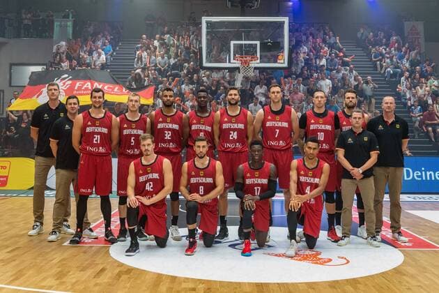 Basketball Hamburg 18 08 2019 Deutscher Basketball Bund DBB Nationalmannschaft Men Men Preparation match for WM 2019 Supercup Germany GER Poland POL Team Germany back row vlnr Patrick Femerling Germany, assistant coach Alan Ibrahimagic Germany, assistant coach Paul Zipser Germany, No 21 Nils Giffey Germany, No 05 Johannes Thiemann Germany, No 32 Isaac Bonga Germany, No 00 Maximilian Kleber Germany, No 24 Johannes Voigtmann Germany, No 07 Daniel Theis Germany, No 10 Danilo Barthel Germany, No 22 Martin Schiller Germany, assistant coach Henrik Rödl Germany, national coach Roll Roedl in front vlnr Andreas Obst Germany, No 42 Ismet Akpinar Germany, No 08 Dennis Schröder Schroeder Germany, No 17 Schröder Maodo Lo Germany, No 04