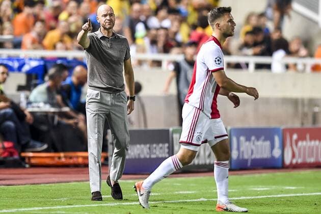 NICOSIA , 20-08-2019 , GSP Stadium , Champions League playoff, season 2019-2020 , Ajax coach Erik ten Hag giving instructions from the sideline during the match APOEL Nicosia - Ajax APOEL Nicosia - Ajax  x4149612x Copyright: