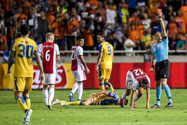 Sport Bilder der Tages NICOSIA , 20-08-2019 , GSP Stadium , Champions League playoff, season 2019-2020 , Red card for Ajax player Noussair Mazraoui during the match APOEL Nicosia - Ajax APOEL Nicosia - Ajax  x4149902x Copyright:
