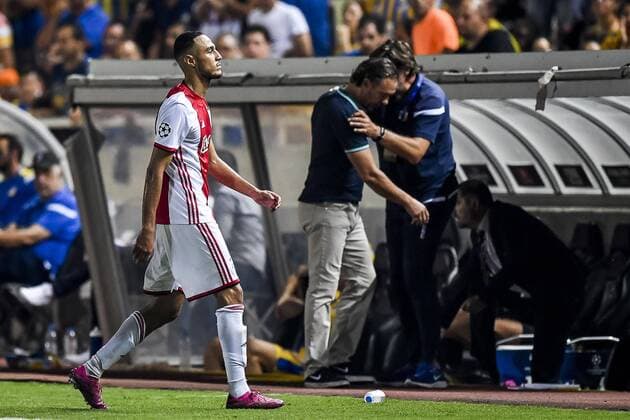 NICOSIA , 20-08-2019 , GSP Stadium , Champions League playoff, season 2019-2020 , Ajax player Noussair Mazraoui gets a red card and sent off the pitch during the match APOEL Nicosia - Ajax APOEL Nicosia - Ajax  x4149904x Copyright: