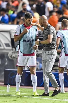 NICOSIA , 20-08-2019 , GSP Stadium , Champions League playoff, season 2019-2020 , Ajax player Klaas Jan Huntelaar, Ajax coach Erik ten Hag during the match APOEL Nicosia - Ajax APOEL Nicosia - Ajax  x4149962x Copyright:
