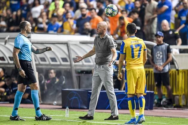 NICOSIA , 20-08-2019 , GSP Stadium , Champions League playoff, season 2019-2020 , referee Antonio Mateu Lahoz Ajax coach Erik ten Hag during the match APOEL Nicosia - Ajax APOEL Nicosia - Ajax  x4149976x Copyright:
