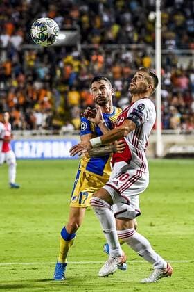 NICOSIA , 20-08-2019 , GSP Stadium , Champions League playoff, season 2019-2020 , APOEL Nicosia player Antonio Jakolis, Ajax player Dusan Tadic during the match APOEL Nicosia - Ajax APOEL Nicosia - Ajax  x4150006x Copyright: