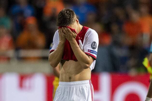 NICOSIA , 20-08-2019 , GSP Stadium , Champions League playoff, season 2019-2020 , Ajax player Joel Veltman dejected after the game during the match APOEL Nicosia - Ajax APOEL Nicosia - Ajax  x4150009x Copyright: