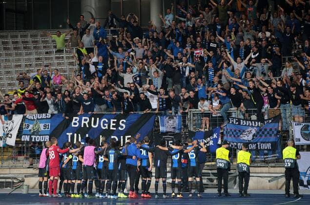SOCCER - CL, play off, LASK vs Bruegge LINZ,AUSTRIA,20.AUG.19 - SOCCER - UEFA Champions League, play off, LASK vs FC Bruegge. Image shows the rejoicing of the team of Bruegge and the fans. GEPAxpictures xWalterxLuger