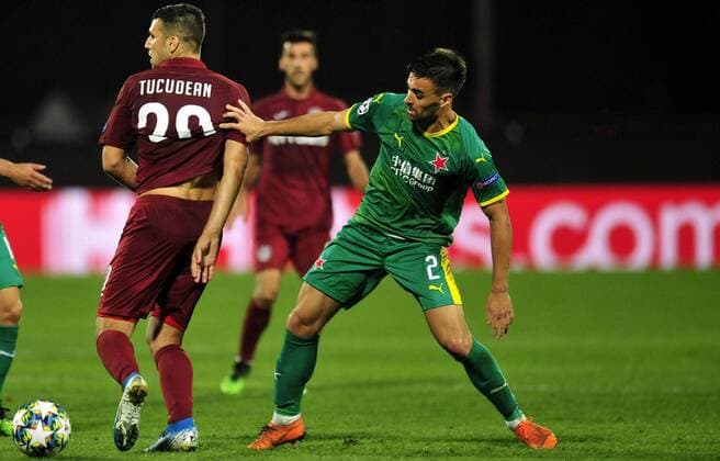 20.08.2019 Cluj-Napoca(Romania) CFR Cluj-Slavia Prague Champions League play off men s football. George Tucudean(L) CFR CLuj, David Hovorka(R)Slavia Prague :Str 