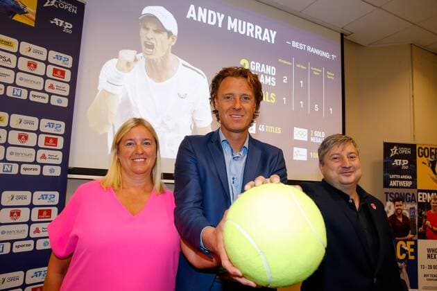 Ilse Van Parys, Dick Norman and Antwerp alderman Ludo Van Campenhout pictured during a press conference, PK, Pressekonferenz on the upcoming European Open ATP, Tennis Herren Antwerp tennis tournament, Wednesday 21 August 2019 in Antwerp. This year s edition of the tournament is taking place from 14 to 20 October. NICOLASxMAETERLINCK  x05646453x