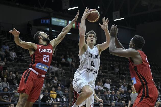 2st August 2019; Quay Centre, Sydney, Australia; International Basketball, Canada versus New Zealand Tall Blacks; Rob Loe of New Zealand catches the ball under pressure from Phil Scrubb of Canada - Editorial Use Only.  ActionPlus12161603 NigelxOwen