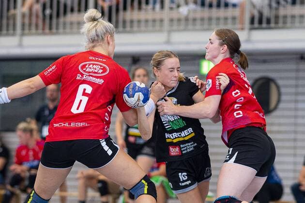 Schwieberdingen, Germany 21 August 2019 Test match 19 20 SG BBM Bietigheim vs VfL Tigers Waiblingen vs Maren Aardahl Bietigheim , Caren Hammer Waiblingen , Laura van der Heijden Bietigheim Schwieberdingen Baden Württemberg Germany