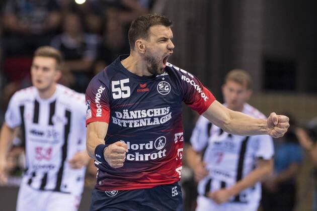Cheers at Michal Jurecki SG Flensburg Handewitt on 21 08 2019 at the Pixum Super Cup in Düsseldorf Nordrhein Westfalen in the ISS Dome SG Flensburg Handewitt against THW Kiel Düsseldorf Nordrhein Westfalen Germany Copyright: xMartinxZiemerx xnordpoolx