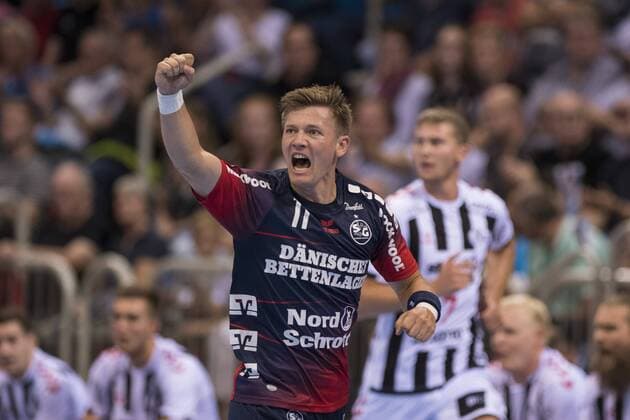 Lasse Svan SG Flensburg Handewitt cheers on 21 08 2019 at the Pixum Super Cup in Düsseldorf Nordrhein Westfalen in the ISS Dome SG Flensburg Handewitt against THW Kiel Düsseldorf Nordrhein Westfalen Germany Copyright: xMartinxZiemerx xnordpoolx