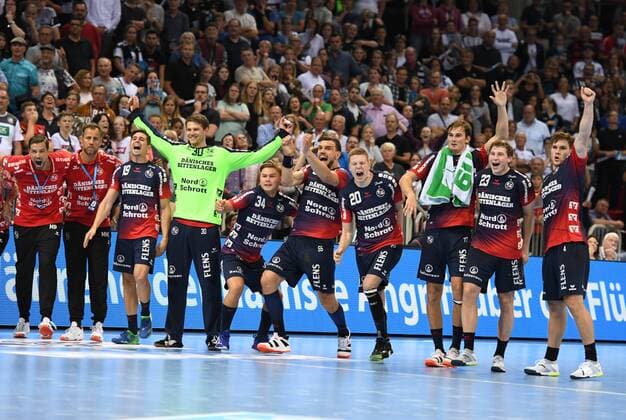 Handball Supercup THW Kiel SG Flensburg Handewitt on 21 08 2019 in Düsseldorf Jubel Flensburg Handewitt after winning the seven-metre shootout HM