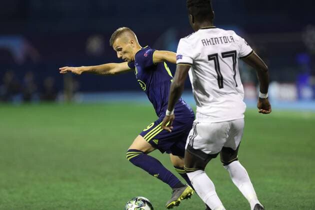 Zagreb, 21 08 2019 - Stadion Maksimir, Play-offs, 1st leg. GNK Dinamo (blue) - Rosenborg BK (white) Mislav Orsic (99) vs David Akintola (17) 