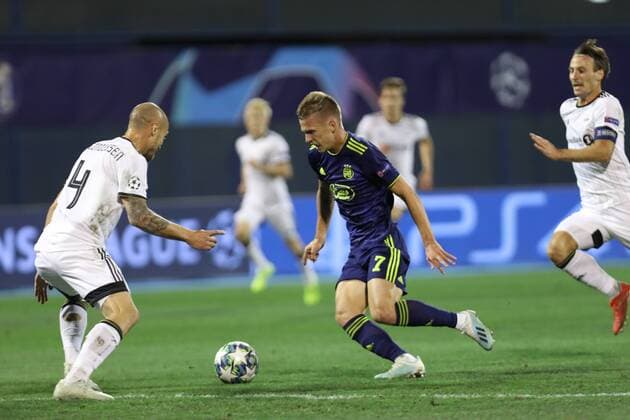 Zagreb, 21 08 2019 - Stadion Maksimir, Play-offs, 1st leg. GNK Dinamo (blue) - Rosenborg BK (white) Dani Olmo (7) vs Tore Reginiussen (4) 