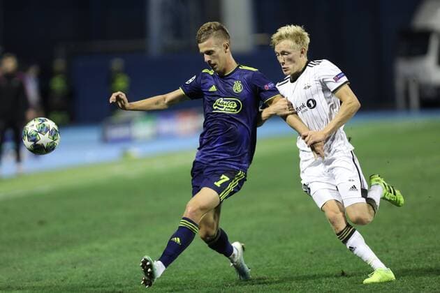 Zagreb, 21 08 2019 - Stadion Maksimir, Play-offs, 1st leg. GNK Dinamo (blue) - Rosenborg BK (white) 2:0 Dani Olmo (7) vs Birger Meling (3) 