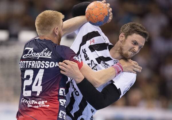 SG Flensburg Handewitt vs. THW Kiel Fixum Super Cup 2019, 21 8 2019 SG Flensburg Handewitt vs. THW Kiel 61 Hendrik Pekeler THW Kiel and Jim Gottfridsson 24 Flensburg,