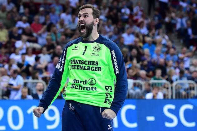 Handball Pixum Super Cup 2019 SG Flensburg Handewitt THW Kiel on 21 08 2019 in the ISS Dome in Düsseldorf Benjamin Buric Flensburg cheers xRx