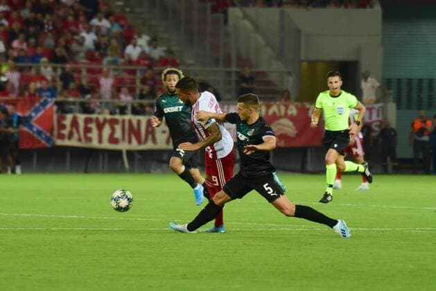 Greece: Olympiacos vs Krasnodar Guerrero (no 9) of Olympiacos and Spajic (no 5) of Krasnodar, vies for the ball. Piraeus Attiki Greece Stadio Georgics Karaiskakis  DimitriosxKarvountzis PacificxPress