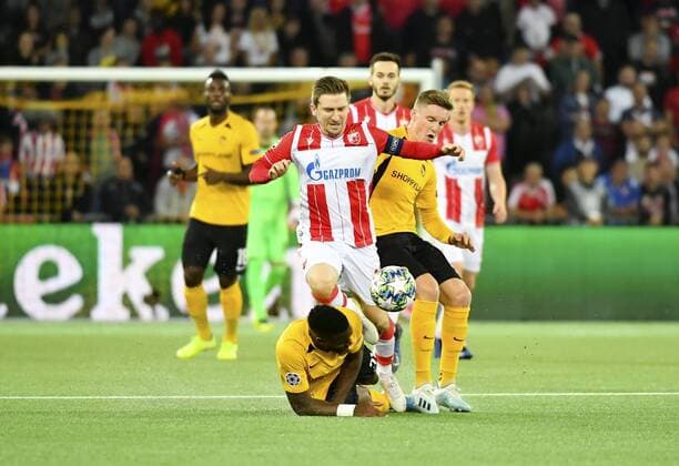 21 08 2019 Bern ,Stade de Suisse Football Men Season 2019 2020 Champions League BSC Young Boys Red Star Belgrade In picture Marko Marin Red Star I vs. 21 Ulisses Garcia, on floor 20 Michel Aebischer both YB YB Action Duel fight