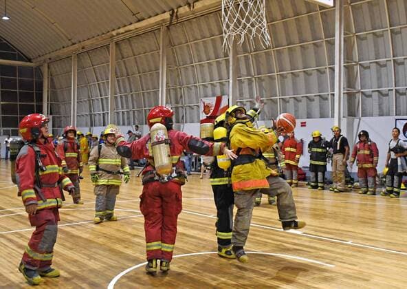 August 22, 2019 EUM20190822SOC02 JPG VERACRUZ, See FirefighterBomberos Basketball August 22, 2019 With suit and equipment well on, Firefighters of Veracruz faced their peers from Boca del Rio, in the auditorium Benito Juarez This is the second year that this basketball match is held, where athletes play with the 25 kilos weighed by the fire fighting equipment Photo Agency EL UNIVERSALEELG Latin News August 22, 2019  - ZUMAu78_ 20190822_zaf_u78_053 Copyright: xElxUniversalx