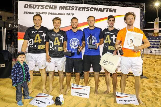 Benjamin BLANK and Tobias NOTTER German Vice Champion 2019 , Manuel RINGLSTETTER and Benjamin RINGLSTETTER German Champion 2019 , Oliver WAGNER and Hauke GROSSE HOLTHAUS 3 Place , Beach Tennis, German Championships and ITF Beach Tennis Saarlouis 2019, Kleiner Markt in Saarlouis, 23 08 2019,