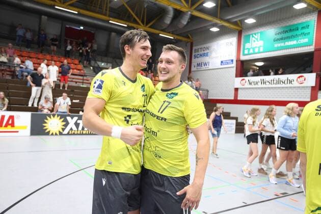 Philipp Meyer DJK Rimpar Woelfe 27 and Patrick Schmidt DJK Rimpar Woelfe 17 right GER, Handball, 2 Bundesliga, TuS N Luebbecke vs. DJK Rimpar Woelfe, 24 08 2019 Luebbecke Copyright: xEIBNER JanxStrohdiekx EP_JSK