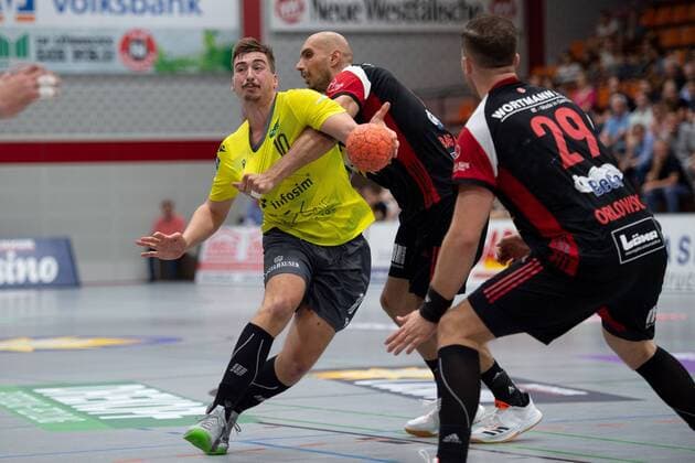 Lübbecke, Germany 24 08 2019 2 Handball Bundesliga 2019 2020 TuS N Lübbecke vs DJK Rimpar Wolfe L M Lukas Böhm Rimpar , Marko Bagaric Lübbecke Lübbecke Lübbecke Nordrhein Westfalen Germany Merkur Arena
