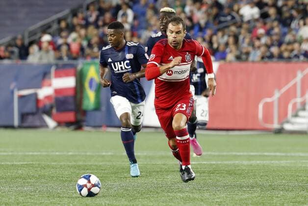 FOXBOROUGH, MA - AUGUST 24: Chicago Fire forward Nemanja Nikolic (23) chases the ball down during a match between the New England Revolution and the Chicago Fire on August 24, 2019, at Gillette Stadium in Foxborough, Massachusetts. (Photo by Fred Kfoury III Icon Sportswire) SOCCER: AUG 24 MLS, Fussball Herren, USA - Chicago Fire at New England Revolution Icon482190824020