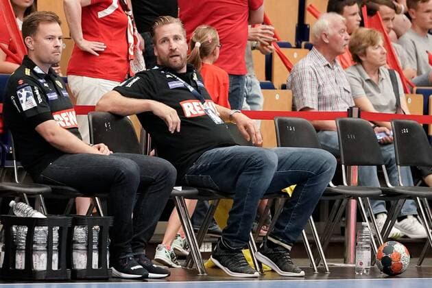 v li Kristjan Andresson Coach, Head Coach, RNL and Oliver Roggisch Sports Director, RNL , 25 08 2019, Ludwigshafen am Rhein, Handball, Bundesliga, TSG Ludwigshafen Friesenheim The Owls Rhine Neckar Lions xozx