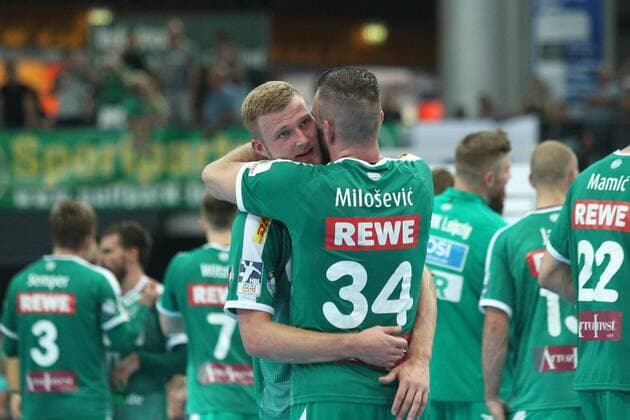 SC DHfK Leipzig vs Fuechse Berlin, Liqui Moly HBL, 25 08 19 Handball, 1 Bundesliga, Season 2019 2020, 1 Matchday SC DHfK Leipzig vs Fuechse Berlin on 25 08 19 in the Arena Leipzig Im Bild Philipp WEBER 20, SC DHfK Leipzig and Alen MILOSEVIC 34, SC DHfK Leipzig , Victory, Jubilation, Team, Team Copyright: xBEAUTIFULxSPORTS JanxKaeferx