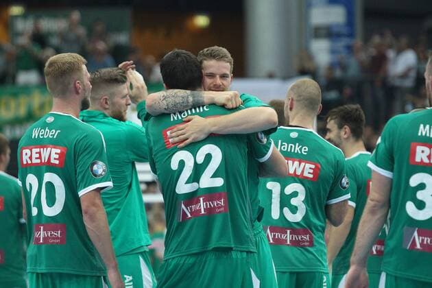 SC DHfK Leipzig vs Fuechse Berlin, Liqui Moly HBL, 25 08 19 Handball, 1 Bundesliga, Season 2019 2020, 1 Matchday SC DHfK Leipzig vs Fuechse Berlin on 25 08 19 in the Arena Leipzig Im Bild DHfK, Sieg, Jubel, Team, Team Copyright: xBEAUTIFULxSPORTS JanxKaeferx
