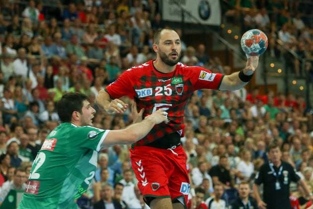 DHfK Fuechse Berlin Handball Leipzig, 25 08 2019, Arena Leipzig, Handball, 1 Bundesliga, 1 Matchday , SC DHfK Füchse Berlin 24 23 10 14 , In the picture v l Marko Mamic 22, Leipzig and Michael Müller Mueller 25, Füchse Berlin ,