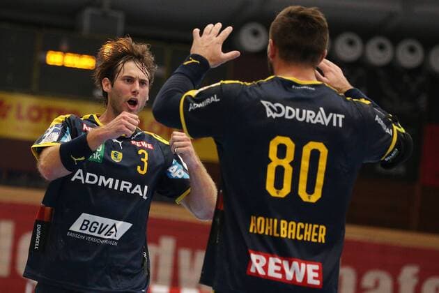 Handball, 1 Bundesliga Die Eulen Ludwigshafen Rhein Neckar Löwen, 1 matchday on 25 08 2019, season 2019 20, ZmdZ, 5 5 equalization by Uwe Gensheimer 3, Rhein Neckar Löwen , goal celebration, Die Eulen Ludwigshafen Rhein Neckar Löwen