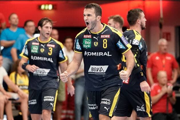 Romain Lagarde RNL, 8 , cheers on a goal, jubilation, goal jubilation, goal success, celebrate the goal, goal, celebration, cheer on the goal, optimistic, game scene, highlight, single picture, action, action, 25 08 2019, Ludwigshafen am Rhein, handball, Bundesliga, TSG Ludwigshafen Friesenheim The owls Rhine Neckar lions xozx