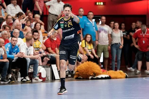 Patrick Groetzki RNL, 24 , cheers on a goal, jubilation, goal jubilation, goal success, celebrate the goal, goal, celebration, cheer on the goal, optimistic, game scene, highlight, single picture, action, action, 25 08 2019, Ludwigshafen am Rhein, handball, Bundesliga, TSG Ludwigshafen Friesenheim The owls Rhine Neckar lions xozx