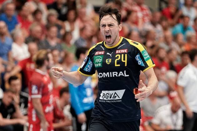 Patrick Groetzki RNL, 24 , cheers on a goal, jubilation, goal jubilation, goal success, celebrate the goal, goal, celebration, cheer on the goal, optimistic, game scene, highlight, single picture, action, action, 25 08 2019, Ludwigshafen am Rhein, handball, Bundesliga, TSG Ludwigshafen Friesenheim The owls Rhine Neckar lions xozx