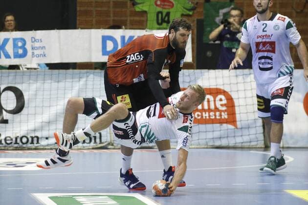 25 08 2019, Swiss Life Hall, Hannover, league game, 1 league, TSV Hannover Burgdorf vs. GWD Minden, in picture Mait Patrail 9, Han Burgdorf is in duel Christoffer Rambo 9, Minden is in duel TSV Hannover Burgdorf vs. GWD Minden