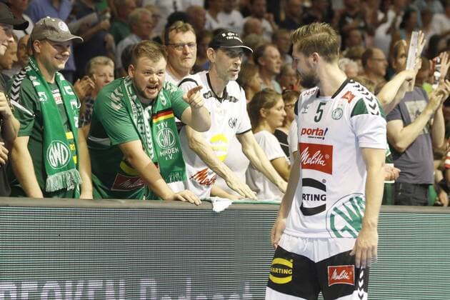 25 08 2019, Swiss Life Hall, Hannover, Ligaspiel, 1 League, TSV Hannover Burgdorf vs GWD Minden, in picture The fans of GWD Minden with Joscha Rotterbach 5, Minden TSV Hannover Burgdorf vs GWD Minden