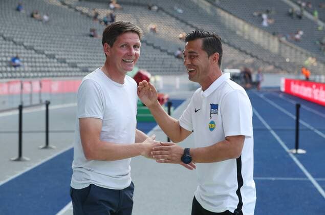 Hertha BSC vs VfL, 1 BL Berlin, 25 08 2019, FUßBALL Hertha BSC Berlin vs VfL Wolfsburg, 1 BL, season 2019 20, Olympic Stadium Picture shows head coach Oliver Glasner VfL Wolfsburg , head coach Ante Covic Hertha BSC Berlin DFL REGULATIONS PROHIBIT ANY USE OF PHOTOGRAPHS AS IMAGE SEQUENCES AND OR QUASI VIDEO Berlin