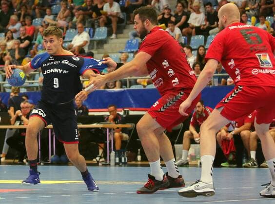 BAU 25 08 2019 Bietigheim Handball SG BBM Bietigheim vs ASV Hamm Westfalen, v l Max Öhler BBM , Jan Brosch Hamm