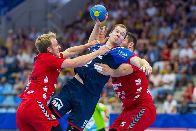 Bietigheim, Germany 25 August 2019 2 BL 19 20 SG BBM Bietigheim vs ASV Hamm Westfalen v li David Mirko Spiekermann Hamm , Jonas Link SG BBM Bietigheim , Jan Brosch Hamm Bietigheim Egetrans Arena Baden Württemberg Germany