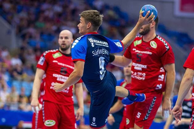 Bietigheim, Germany 25 August 2019 2 BL 19 20 SG BBM Bietigheim vs ASV Hamm Westfalen v left Markus Fuchs Hamm , Max Oehler Öhler SG BBM Bietigheim , Jan Brosch Hamm Bietigheim Egetrans Arena Baden Württemberg Germany