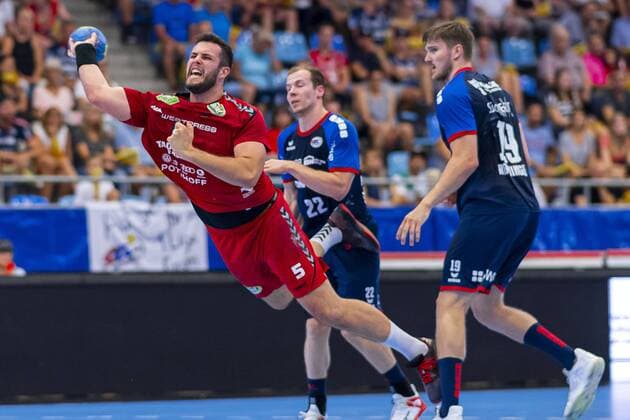 Bietigheim, Germany 25 August 2019 2 BL 19 20 SG BBM Bietigheim vs ASV Hamm Westfalen v left Jan Brosch Hamm , Jonas Link SG BBM Bietigheim , Vetle Ronningen SG BBM Bietigheim Bietigheim Egetrans Arena Baden Württemberg Germany